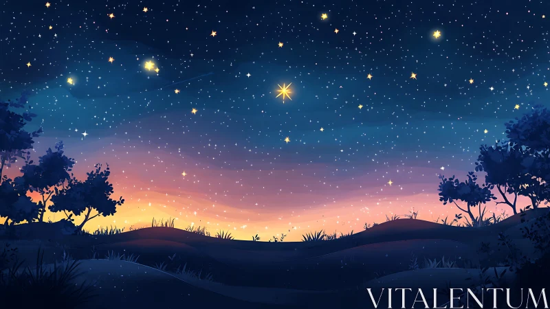 Peaceful twilight hills under a gentle, starry sky.