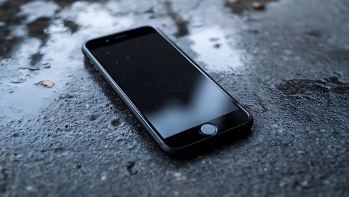 Smartphone lies on wet asphalt surface after light rainfall