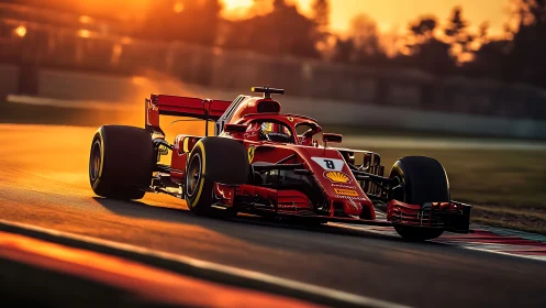 Sunlit Formula car cornering with high-downforce aero package