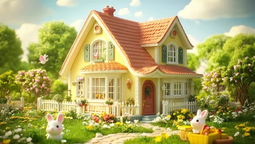 Whimsical 3D cottage in floral garden with playful rabbits.