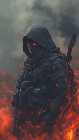 Hooded armored figure stands amid rising flames and smoke