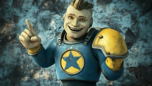 Grinning wasteland mascot in scuffed blue star armor.