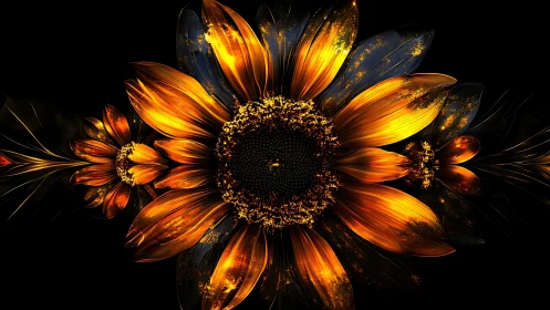 High-contrast luminous fractal sunflower bloom on black field.