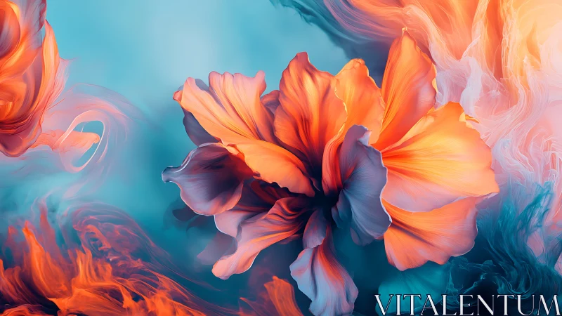 Floral plumes in teal mist with luminescent orange petals.