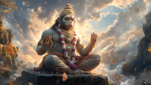 Divine monkey sage meditates over luminous cloud abyss.