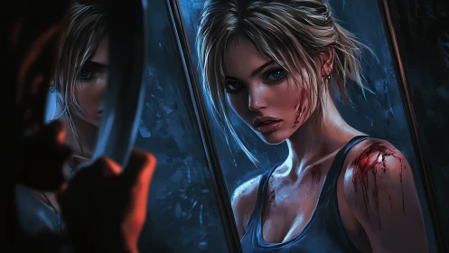 Reflective duality of wounded survivor in cinematic blue light.