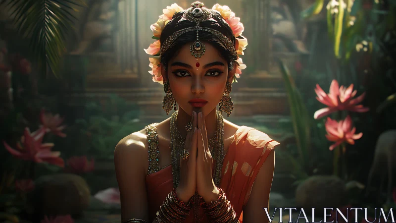 Woman in traditional attire seated in lotus garden setting.