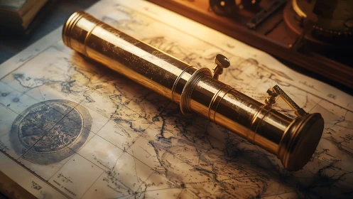 Golden spyglass lounges over a sea-stained voyager’s chart