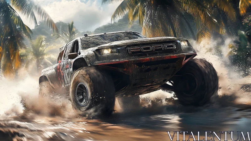 Thunderous off-road truck blasts through wet tropical sand