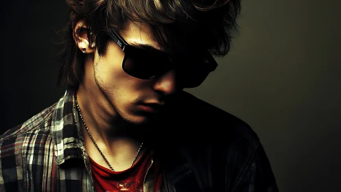 Side-lit young man in sunglasses and plaid shirt portrait.