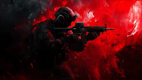 Armed soldier silhouette against red abstract digital backdrop.