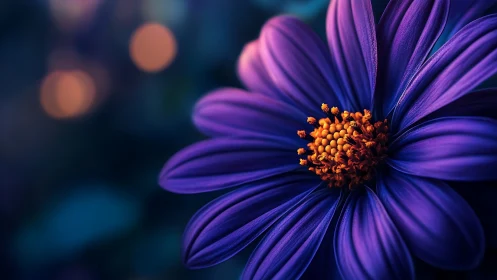 Purple Daisy with Orange Stamen Against Dark Background.