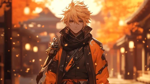 Autumn warrior walks through glowing lantern-lit streets at dusk