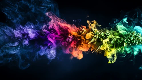 Vibrant cannabis bud dissolves into prismatic smoke trail.