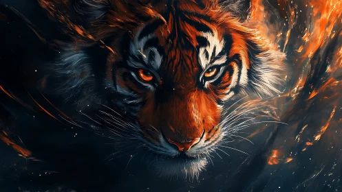 Tiger head in stylized fire and smoke digital illustration.