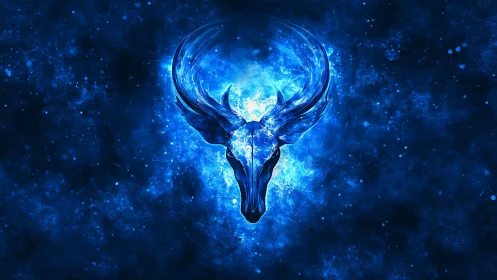 Luminous blue stag skull forms radiant cosmic focal point