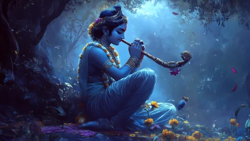 Blue-skinned deity playing flute in moonlit forest scene.