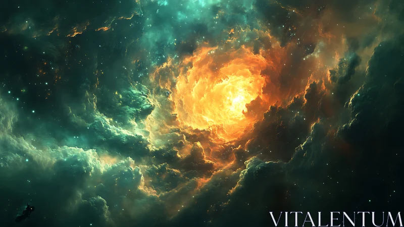 Fiery cosmic nebula vortex glows in deep space clouds.