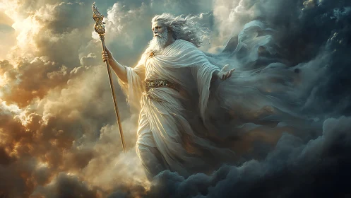Storm god strides through glowing clouds wielding staff