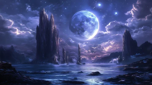 Luminous moon above alien spires in ethereal seascape.