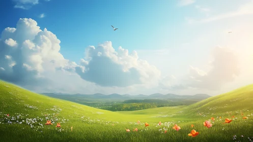 Sunlit green valley stretches under towering summer clouds