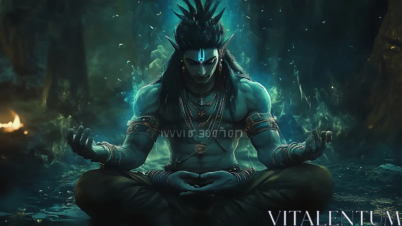 Mythic blue-skinned deity meditating in bioluminescent cavern