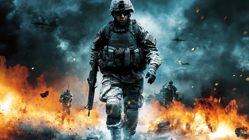 Armored soldier charges through battlefield amid raging fire.