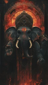 Ember crowned elephant deity rising through molten dusk.
