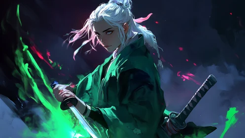 Storm-lit warrior steadies a glowing blade in swirling color