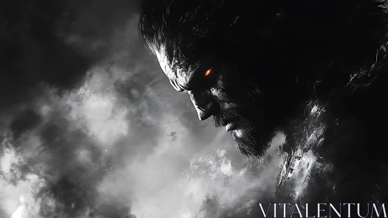 Ember-eyed warrior leans from shadow, carving stormy silence