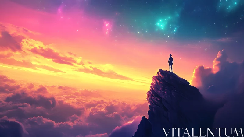 Solitary figure watches cosmic sunrise above glowing clouds
