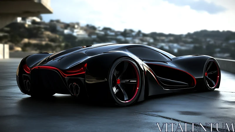 Sleek black hypercar rests on a wet terrace at dusk