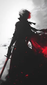Sword-wielding figure stands in high contrast red and gray