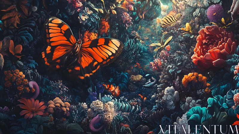 Monarch dream sails through glowing coral jungle garden.