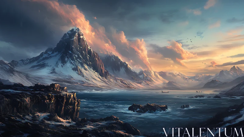 Snow-covered coastal mountains at dusk with distant vessels.