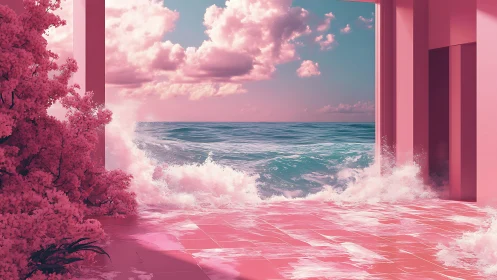 Dreamy pink seaside doorway where waves meet tiles.