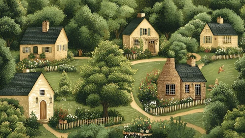 Sunlit cottage hamlet nestled in winding garden paths.