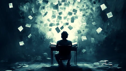Solitary student at desk under swirling glowing pages.
