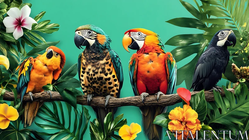 Vibrant Parrots on Jungle Branch in Colorful Tropical Art Style.