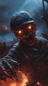 Haunting fiery-eyed soldier strides through stormy chaos.