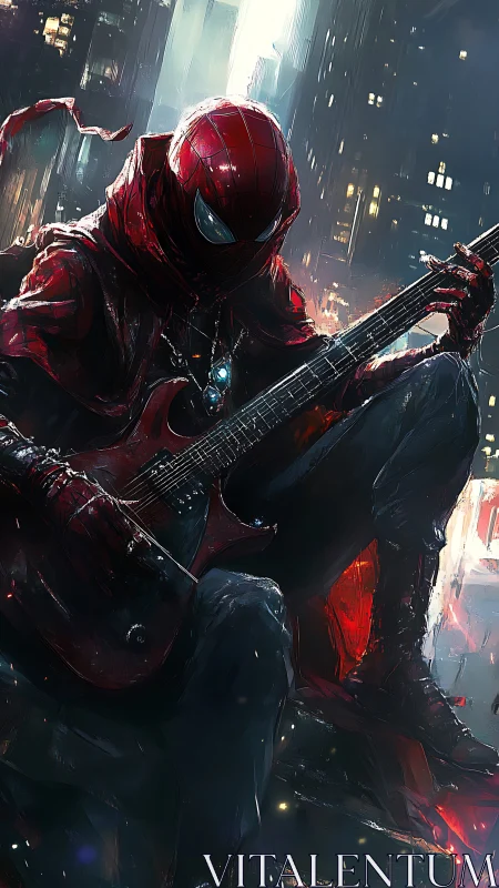 Masked urban guitarist in crimson street-hero armor.