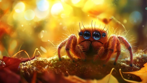 Fluffy orange spider gazes softly in glowing forest light.