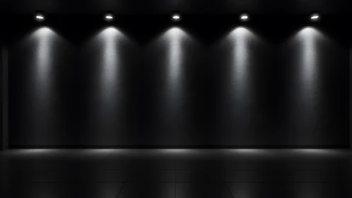 Dark gallery wall under focused overhead spotlights.
