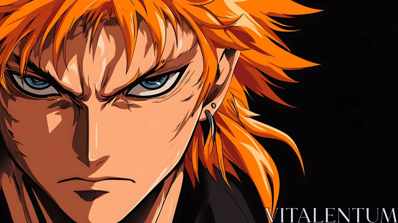 Intense orange‑haired anime warrior in high‑contrast profile.