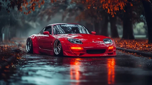 Red stance sports coupe on wet autumn tree-lined street.