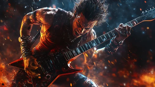 Dynamic digital painting of intense metal guitarist performance.