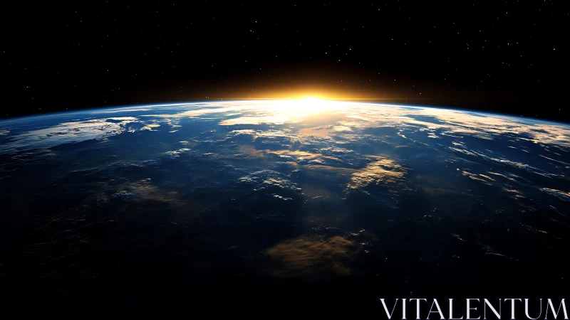 Sunrise over Earth horizon from low orbit in deep space.