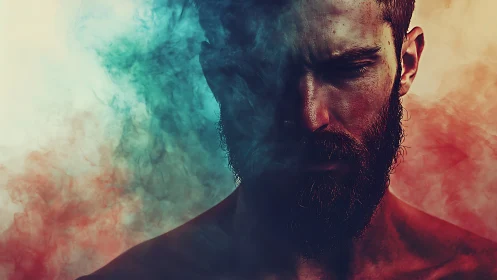 Brooding bearded silhouette splitting fire and smoke moods.