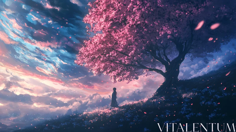 Solitary figure stands beneath dense pink-blossomed tree at dusk