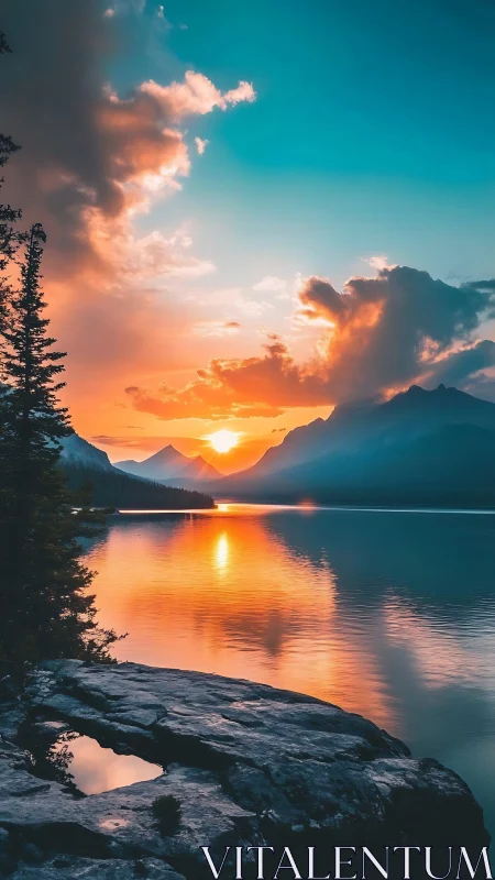 Sunset over mountain lake with reflective water surface.